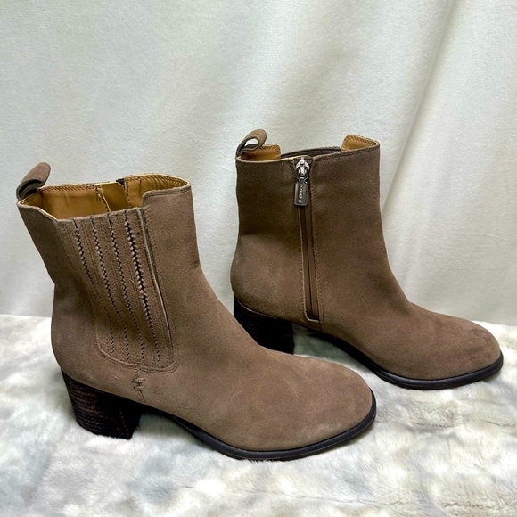 NWOT Blondo Sonali Waterproof Suede Boots Size 8 Taupe Zip Up Block Heel - Picture 1 of 7